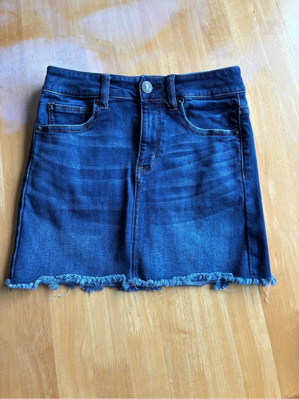 American Eagle Outfitters Dark Blue Denim Mini Skirt with Frayed Hem